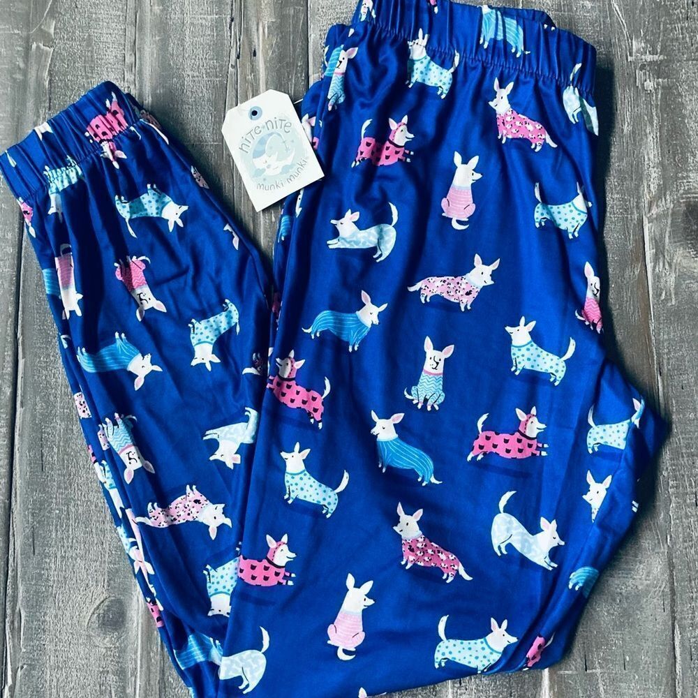 Blue Cute Dog Print Jogger PJ Pants M